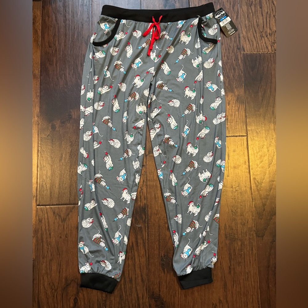 NWT Pillow Talk Gray Knit Jogger Pajama Pants w/ Festive Holiday Cat Print  - XL